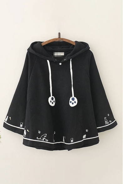 Cute Womens Cat Pattern Long Sleeve Drawstring Pullover Hooded Oversize Pullover Coat