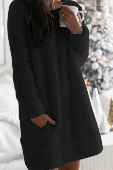 Elegant Ladies Plain Fuzzy Long Sleeve Round Neck Short Shift Sweater Dress