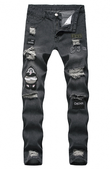 Hip Hop Style Mens Cool Embroidery Letter Badge Patched Distressed Slim Fit Black Ripped Jeans