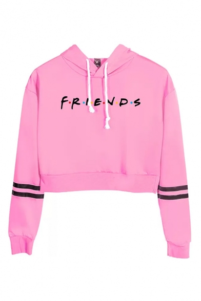 Letter Friends Cartoon Figure Graphic Varsity Striped Long Sleeve Drawstring Relaxed Crop Fashion Hoodie for Girls