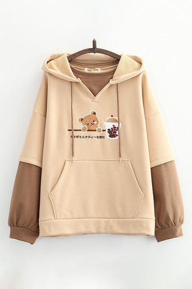 Stylish Colorblock Bear Cup Letter Printed Pocket Long Sleeve Pullover ...