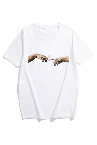 Funny Cigarette Hand Printed White Short Sleeve Casual Loose T-Shirt