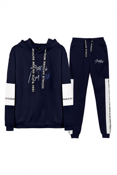 Sporty Colorblock Letter Printed Drawstring Hoodie Colorblock Letter Printed Pocket Elastic Cuffed Ankle Length Sweatpants Fitted Co-ords for Men