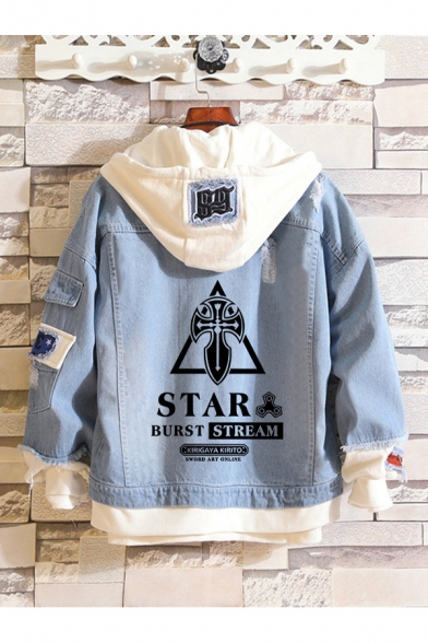Stylish Blue Denim Jacket Letter Sao Printed Applique Button up Distressed Fake Two Pieces Long Sleeve Fitted Hooded Denim Jacket for Men