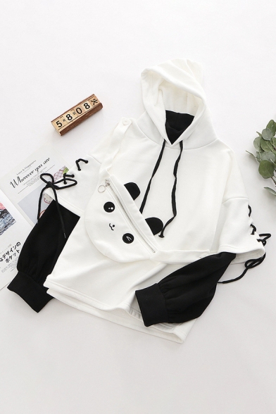 Stylish Girls White Cartoon Panda Pattern Long Sleeve Lace up Pullover Drawstring Fake Two Piece Hoodie with Bag