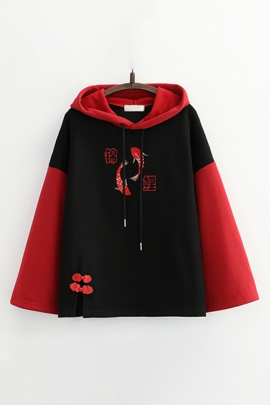 Creative Girls Colorblock Fish Letter Embroidery Long Sleeve Pullover Drawstring Relaxed Hooded Sweatshirt