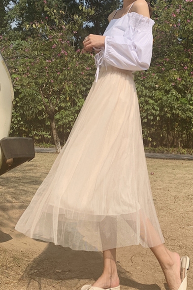 Summer Fashion Solid Color Maxi A-Line Pleated Skirt Layered Gauze Skirt