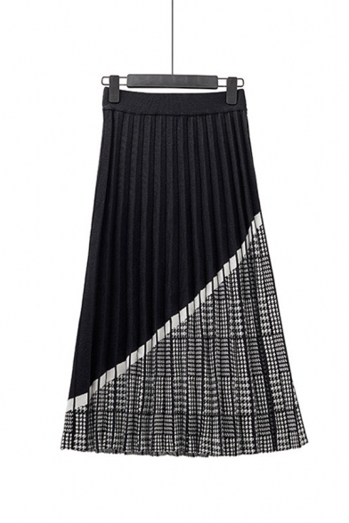 Winter's Chic Two-Tone Elastic Waist Retro Plaid Printed Midi A-Line Pleated Skirt