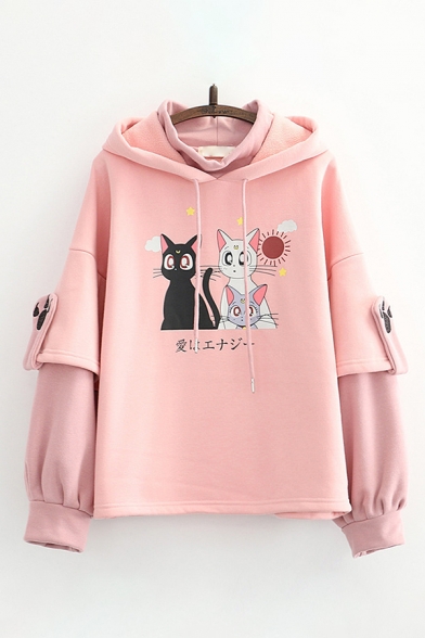 Cute Hoodie Cat Japanese Letter Pattern Drawstring Faux Twinset Regular Fitted Long Sleeve Hooded Sweatshirt for Women