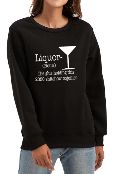 Leisure Womens Sweatshirt Glass Letter Liquor Printed Regular Fitted Long Sleeve Pullover Sweatshirt
