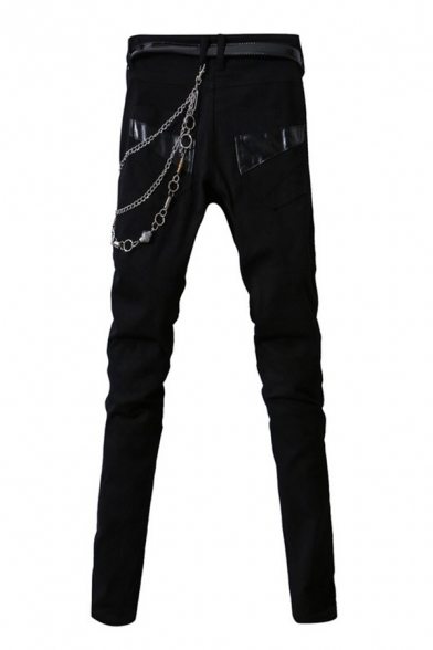 Men's Street Style Trendy Chain Buckle Zipper Embellished Simple Plain Black Pencil Pants