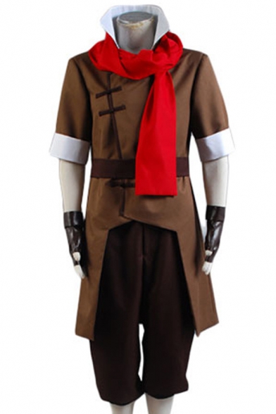 

Popular Mens Coat Belt Chinese frog High Neck Asymmetrical Hem Slim Fitted Contrasted Half Sleeve Cosplay Coat with Scarf & Pants Set, Brown, LC706028
