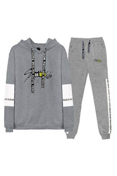 Sporty Colorblock Letter Printed Drawstring Hoodie Colorblock Letter Printed Pocket Elastic Cuffed Ankle Length Sweatpants Fitted Co-ords for Men