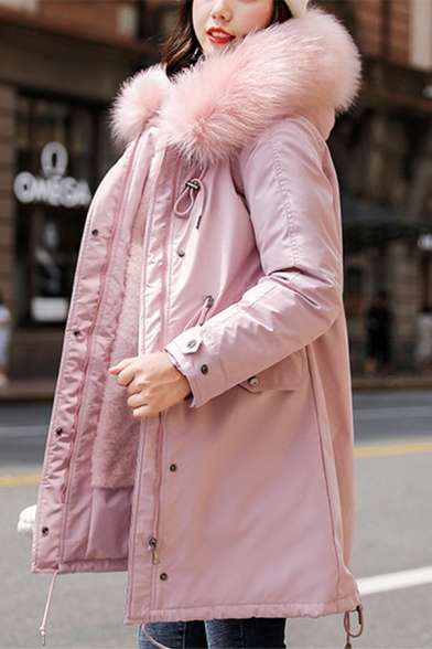 Trendy Ladies' Long Sleeve Hooded Button Front Zipper Detail Drawstring Fuzzy Trim Loose Plain Midi Parka Coat