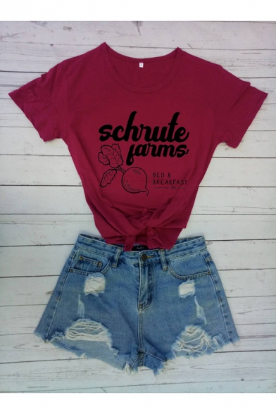 Womens Chic Tee Top Letter Schrute Farms Printed Short Sleeve Regular Fit Round Neck Tee Top