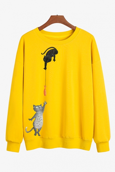 Chic Sweatshirt Cat Fish Pattern Relaxed Fitted Long Sleeve Sweatshirt for Women
