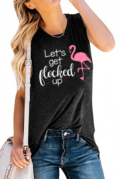 LET'S GET HOCKED UP Letter Flamingo Pattern Scoop Neck Black Loose Fitted Tank Top