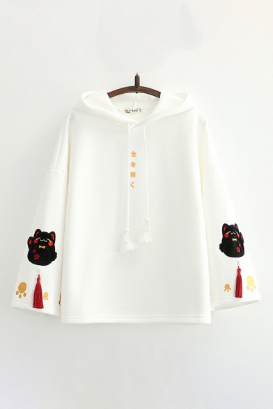 Popular Womens Cat Letter Embroidery Long Sleeve Pullover Drawstring Relaxed Fitted Hooded Sweatshirt with Tassel