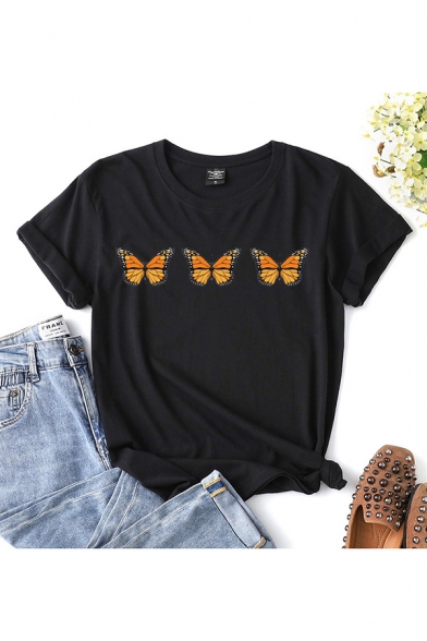 Preppy T-Shirt Butterfly Print Short Sleeves Regular Fitted Round Neck T-Shirt for Women