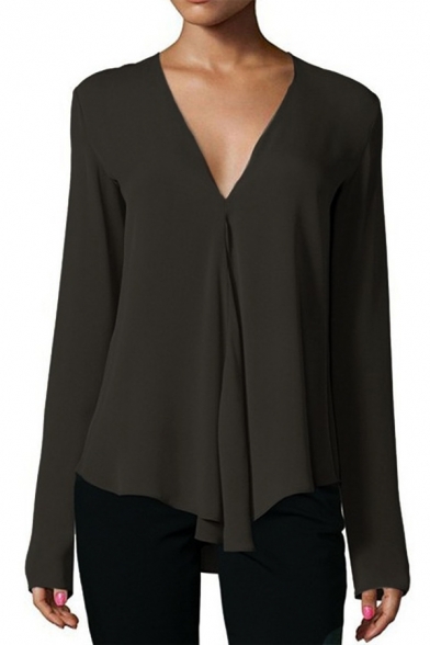 Simple Solid V-Neck Long Sleeve Loose Fitted Chiffon Blouse for Women
