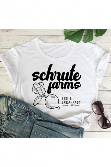Womens Chic Tee Top Letter Schrute Farms Printed Short Sleeve Regular Fit Round Neck Tee Top