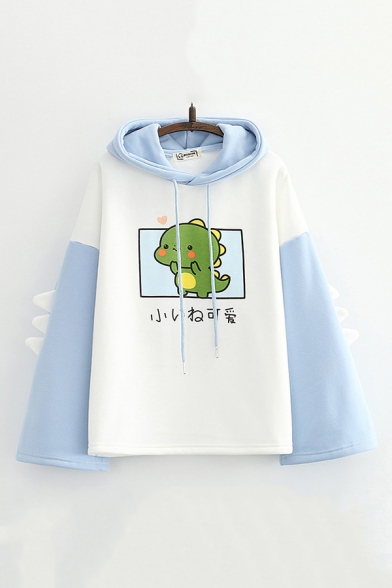 Chic Sweatshirt Cartoon Dinosaur Japanese Letter Printed Fitted Long Sleeve Graphic Hooded Sweatshirt for Women
