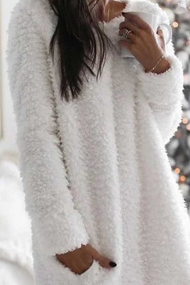 Elegant Ladies Plain Fuzzy Long Sleeve Round Neck Short Shift Sweater Dress