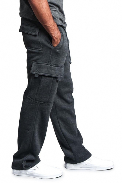 Retro Pants Plain Drawstring Waist Flap Pocket Loose Fit Long Sweat Pants for Men