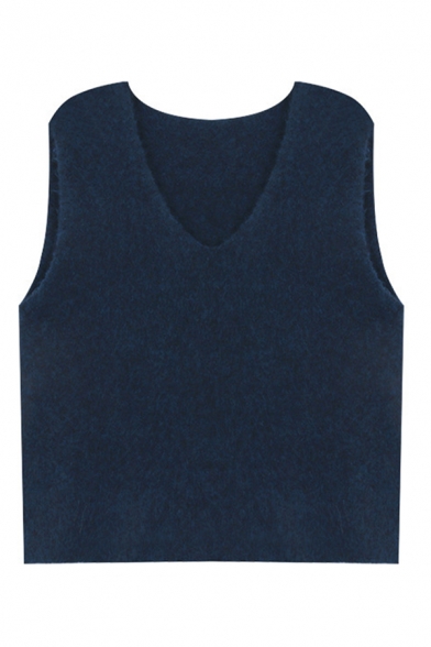 Grey Basic Sleeveless V-Neck Knit Relaxed Fit Short Pullover Sweater Vest for Female