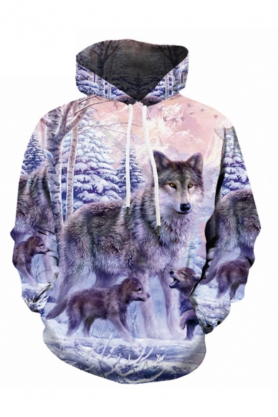 Stylish Mens 3D Hoodie Animal Wolf Pattern Long Sleeve Pocket Drawstring Fitted Hooded Sweatshirt