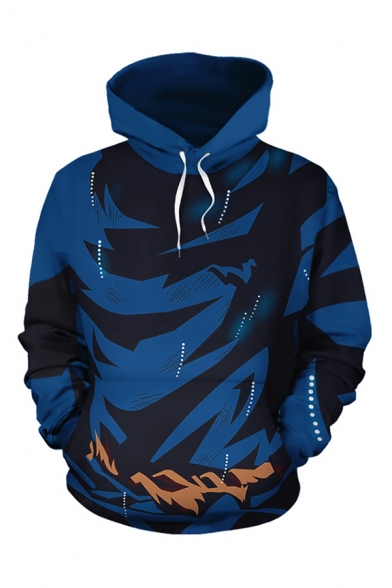 Creative Mens Blue 3D Hoodie Colorblock Long Sleeve Pocket Drawstring Regular Fitted Pullover Hooded Sweatshirt