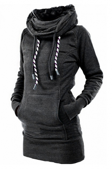 Drawstring Cowl Neck Long Sleeve Kangaroo Pocket Slim Fit Longline Sweatshirt