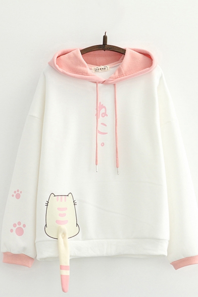 Fancy Girls Colorblock Cat Footprinted Letter Pattern Long Sleeve Pullover Drawstring Oversized Hooded Sweatshirt with Cat Tail