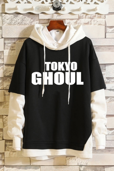 Korean Style Boys Hoodie Smile Face Cartoon Figure Letter Sao Pattern Faux Twinset Drawstring Loose Fitted Long Sleeve Graphic Hoodie