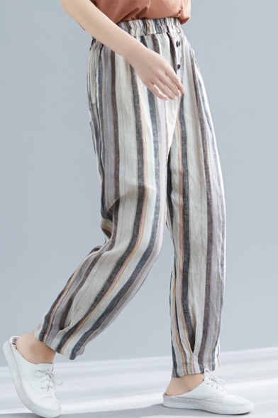 Retro Linen Elastic Waist Vertical Striped Printed Loose Fit Tapered Pants