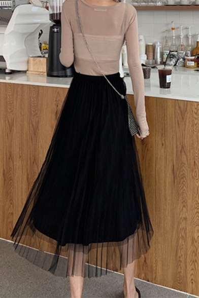 Summer Fashion Solid Color Maxi A-Line Pleated Skirt Layered Gauze Skirt