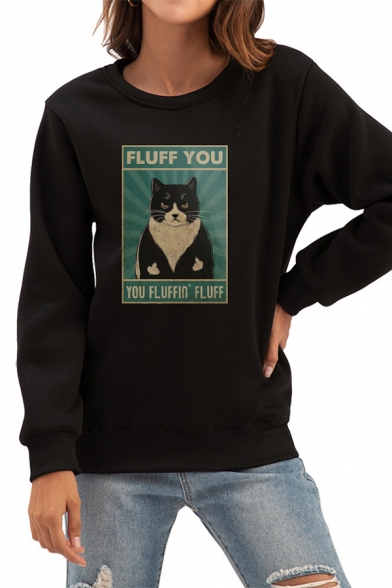 Womens Stylish Sweatshirt Cat Letter Fluff You Printed Loose Fit Long Sleeve Pullover Sweatshirt