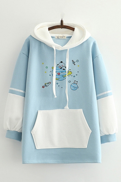 Chic Hoodie Cartoon Earth Animal Colorblock Printed Drawstring Long Sleeve Relaxed Fitted Hooded Sweatshirt for Women