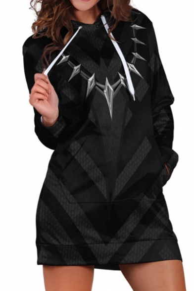 Chic Womens Black Striped Cartoon Figure Necklace Pattern Long Sleeve Drawstring Pullover Longline Pocket Hooded Sweatshirt