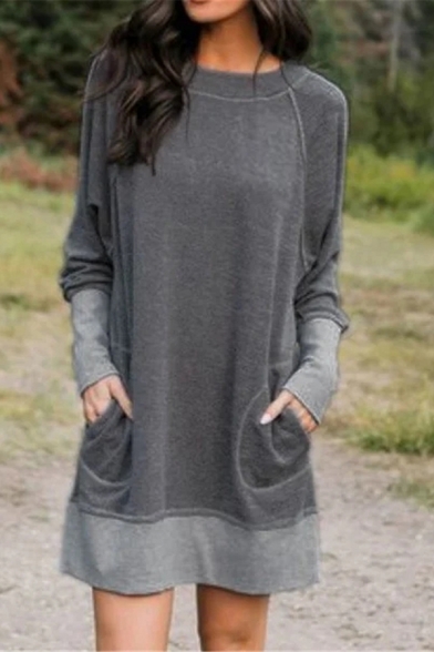 Ladies Leisure Contrasted Long Sleeve Crew Neck Mini Relaxed Sweatshirt Dress