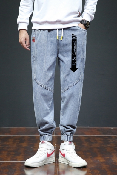Popular Jeans Arrow Letter Pattern Pocket Drawstring Slim Fitted Full Length Cropped Jeans for Men
