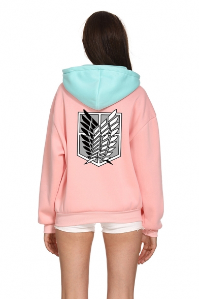 Preppy Hoodie Wing Pattern Loose Fitted Drawstring Long Sleeve Contrasted Hooded Sweatshirt for Women