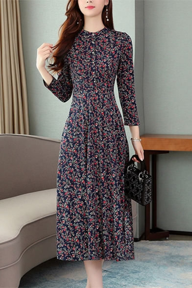 Womens Casual Floral Print Half Sleeve Gathered Waist Chiffon Midi A-Line Dress