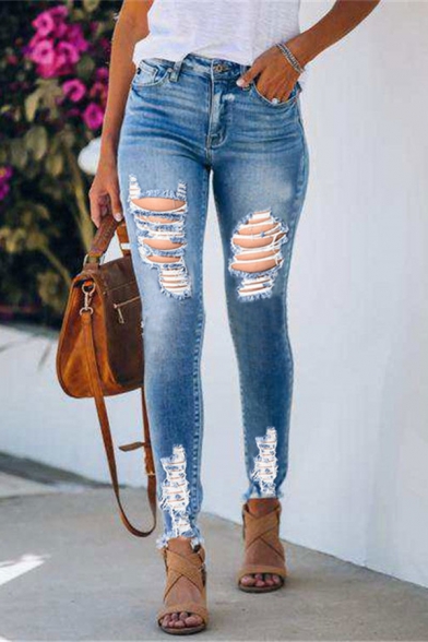 Womens New Fashion Solid Color Frayed Hem Distressed Ripped Blue Denim Jeans