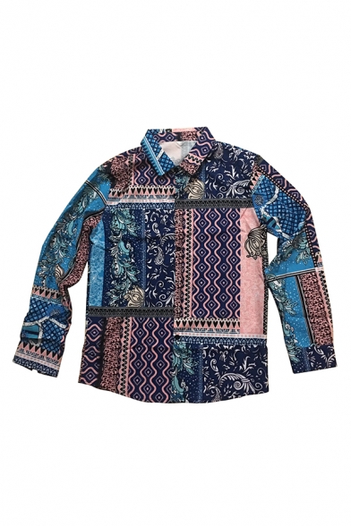 Blue Tribal Pattern Long Sleeve Lapel Collar Button Up Loose Shirt for Men