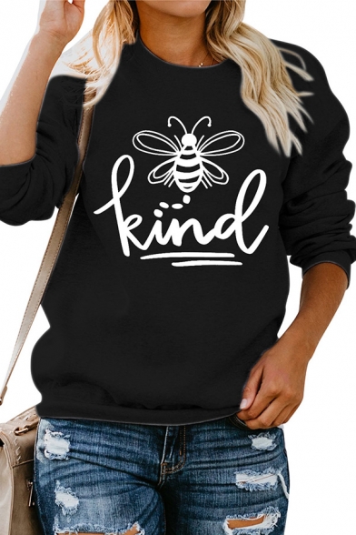 Casual Girls Sweatshirt Bee Letter Kind Printed Loose Fitted Long Sleeve Graphic Pullover Sweatshirt