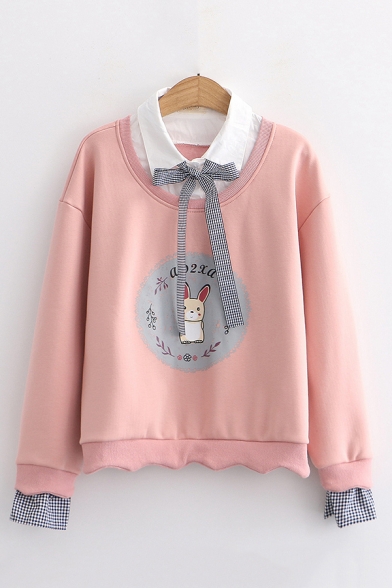 

Chic Sweatshirt Rabbit Letter Printed Bow Faux Twinset Fitted Long Sleeve Graphic Sweatshirt for Women, Pink;white;navy, LC705789