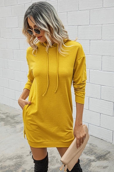 Fancy Plain Long Sleeve Drawstring Slit Sides Mini Shift Hoodie Dress for Girls
