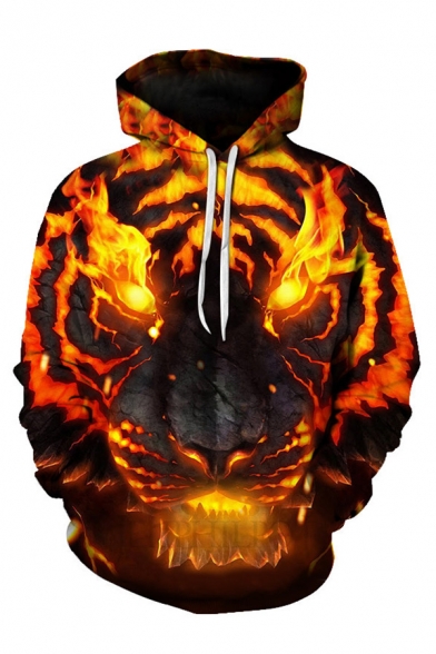 Hot Popular 3D Fire Tiger Printed Long Sleeve Yellow Loose Fit Hoodie with Pocket