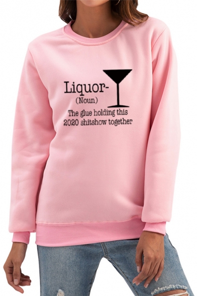 Leisure Womens Sweatshirt Glass Letter Liquor Printed Regular Fitted Long Sleeve Pullover Sweatshirt